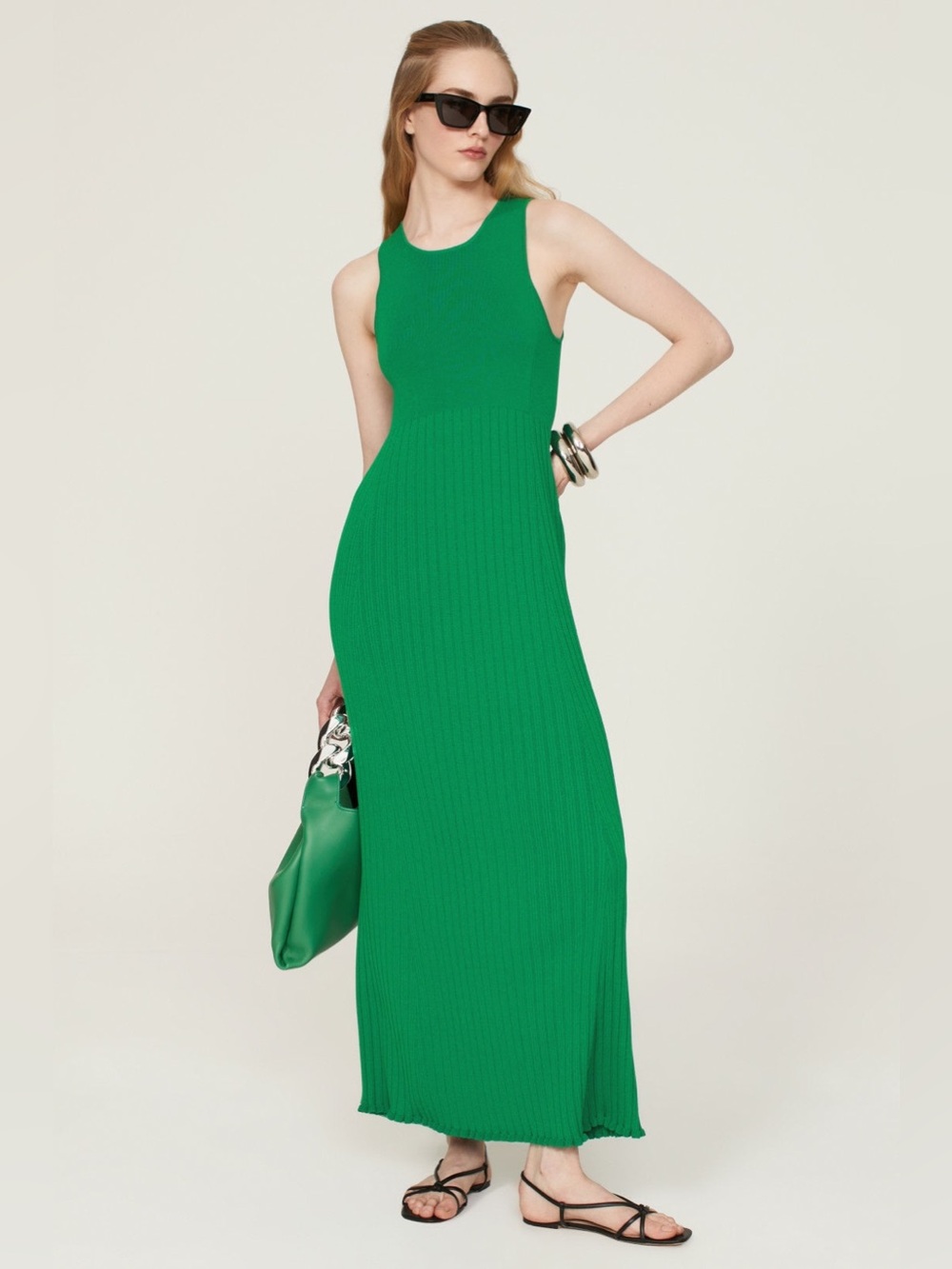 Marina Moscone Green Knit Ribbed Maxi Dress - Sleeveless Tank Column Dress Sz M